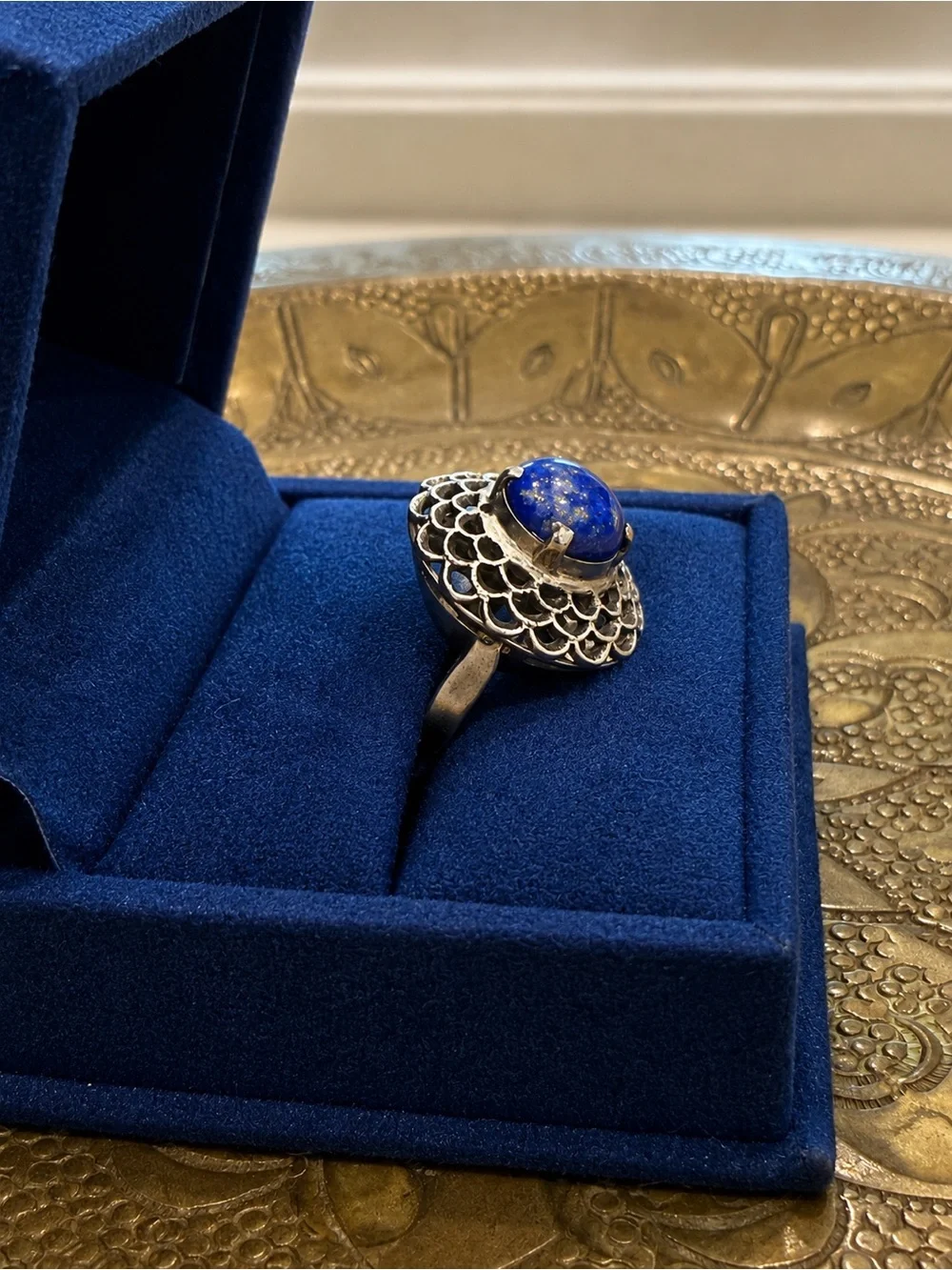 Vintage Lapis Lazuli Silver Filigree Statement Ring Size 5.75